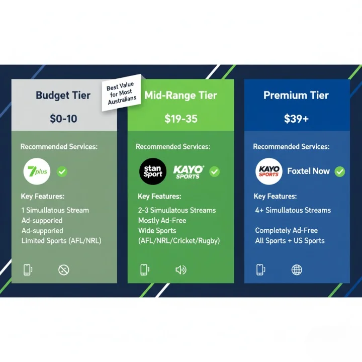 Three pricing tier options for legal IPTV sports apps on iOS in Australia: Budget ($0-10 with 7plus), Mid-Range ($19-35 with Kayo Sports), and Premium ($39+ with Foxtel Now)