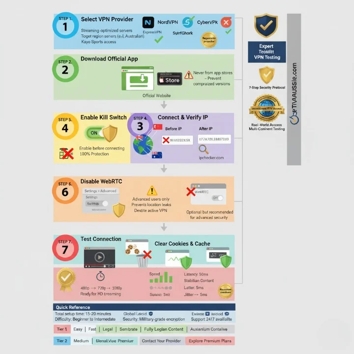 Step-by-step VPN setup guide for international IPTV access: 7 detailed steps from selecting reputable VPN provider with streaming-optimized servers, downloading official app, enabling kill switch, connecting to target region, disabling WebRTC, clearing browser cookies, to testing connection stability. Includes IP verification, security protocols, and IPTVAUSSIE.com expert certification