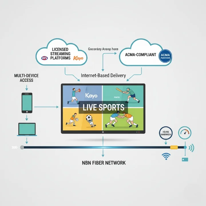 Diagram showing how licensed IPTV delivers live AFL, cricket, NRL, and football to multiple devices in Australia over NBN networks.