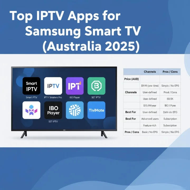 Comparison table of top IPTV apps for Samsung Smart TV in Australia, showing features, pricing, and channel counts.