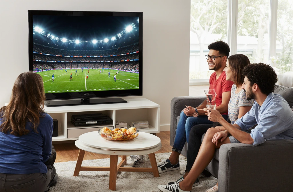 Watching International Sports Events with IPTV in Australia – happy Australian family streaming international sports on 4K devices in living room