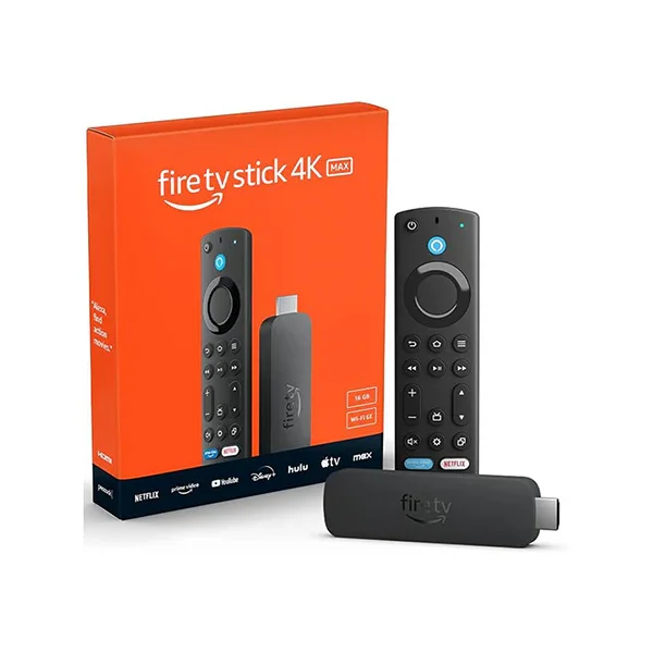 Amazon Fire TV Stick 4K Max with Wi-Fi 6, shown with remote control and orange retail packaging.