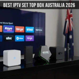 Best IPTV set top boxes in Australia 2026 - Professional comparison of MAG Box, Formuler Z11 Pro, NVIDIA Shield TV Pro, Apple TV 4K, and Fire TV Stick 4K Max devices arranged on display shelf with streaming service logos