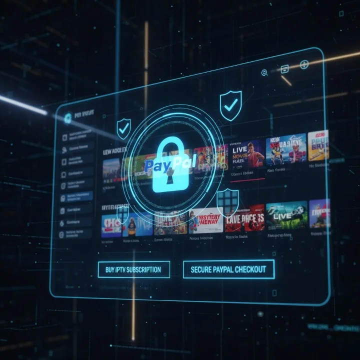 Cinematic high-tech interface with “Buy IPTV PayPal” in bold neon, surrounded by secure payment and IPTV icons.