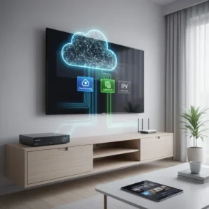 Smart TV with IPTV cloud recording interface replacing old DVR box in modern Australian living room