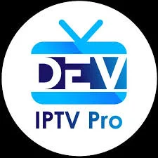 DEV IPTV Pro logo featuring a circular black background, a stylized blue and white TV icon with "DEV" text, and "IPTV Pro" written below in blue