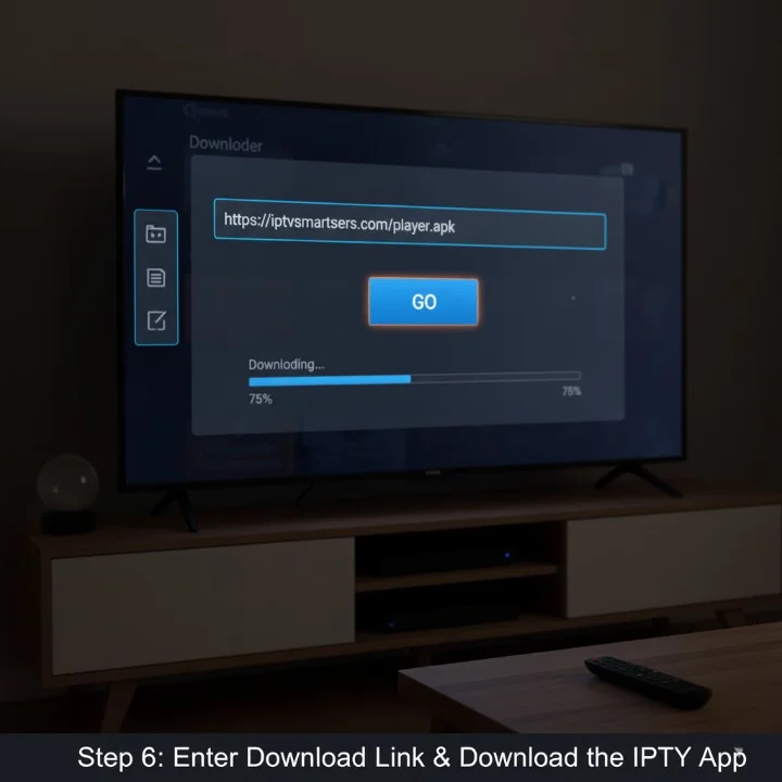“Firestick Downloader app showing an IPTV APK download link entered in the URL field, with the download progress bar visible on screen.”