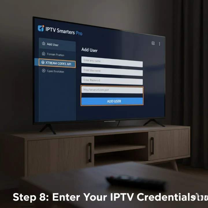 “IPTV Smarters login screen on Firestick showing fields for username, password, and server URL under the Xtream Codes API login option.”