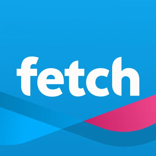 Fetch app logo with lowercase white "fetch" text on a blue background featuring red and dark blue curved stripes.