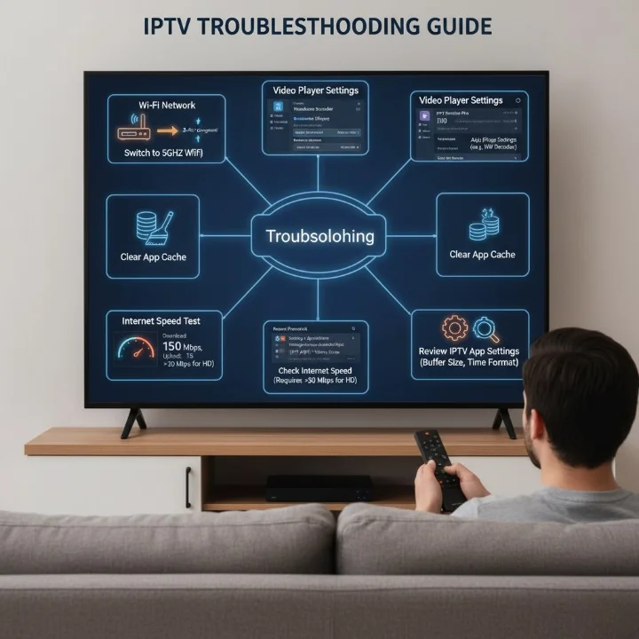 A Firestick user solving IPTV buffering and freezing issues by applying common fixes, including switching to a 5GHz Wi-Fi network, improving internet speed, changing the video player inside the IPTV app, clearing Firestick cache, checking IPTV server status, and restarting the device for smoother streaming.
