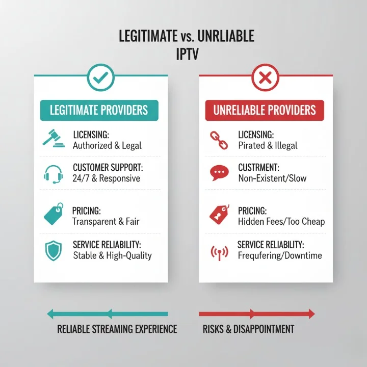 “Comparison graphic showing signs of legitimate IPTV providers versus unreliable ones, highlighting licensing, support, pricing transparency, and service reliability.”