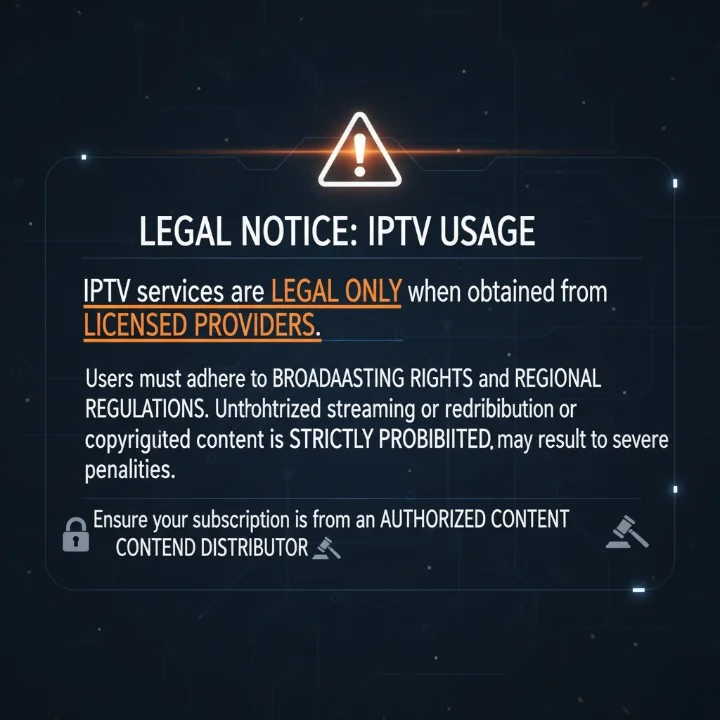 Illustration showing a legal notice for IPTV users, emphasizing that IPTV is legal only with licensed providers, highlighting broadcasting rights, regional regulations, and authorized content use.