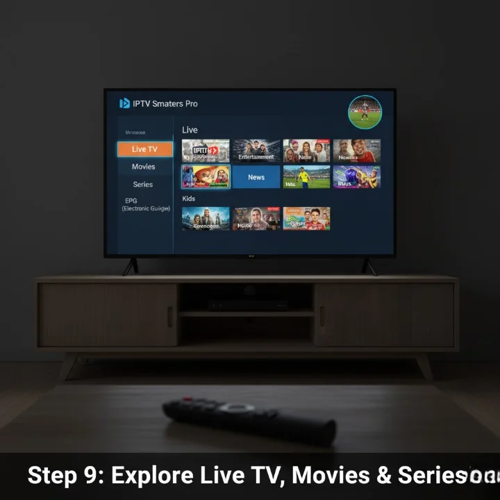“IPTV Smarters home interface on Firestick displaying Live TV, Movies, Series, and EPG categories after successful login.”