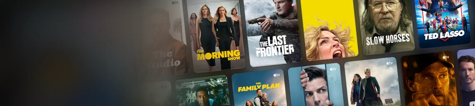 Media selection interface with posters for The Morning Show, The Last Frontier, Family Plan, and others.