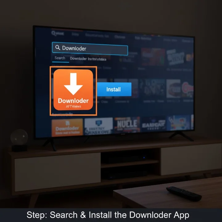 “Amazon Firestick search screen showing the term ‘Downloader’ typed in, with the official orange Downloader app by AFTVnews highlighted for installation.”