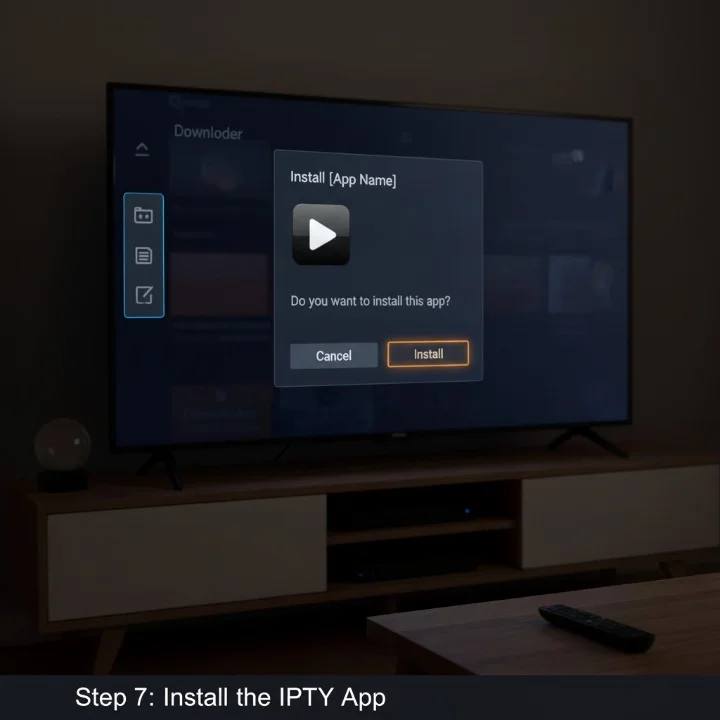 “Firestick installation prompt displaying the IPTV player APK with Install and Cancel buttons, indicating the final step before completing the app setup.”