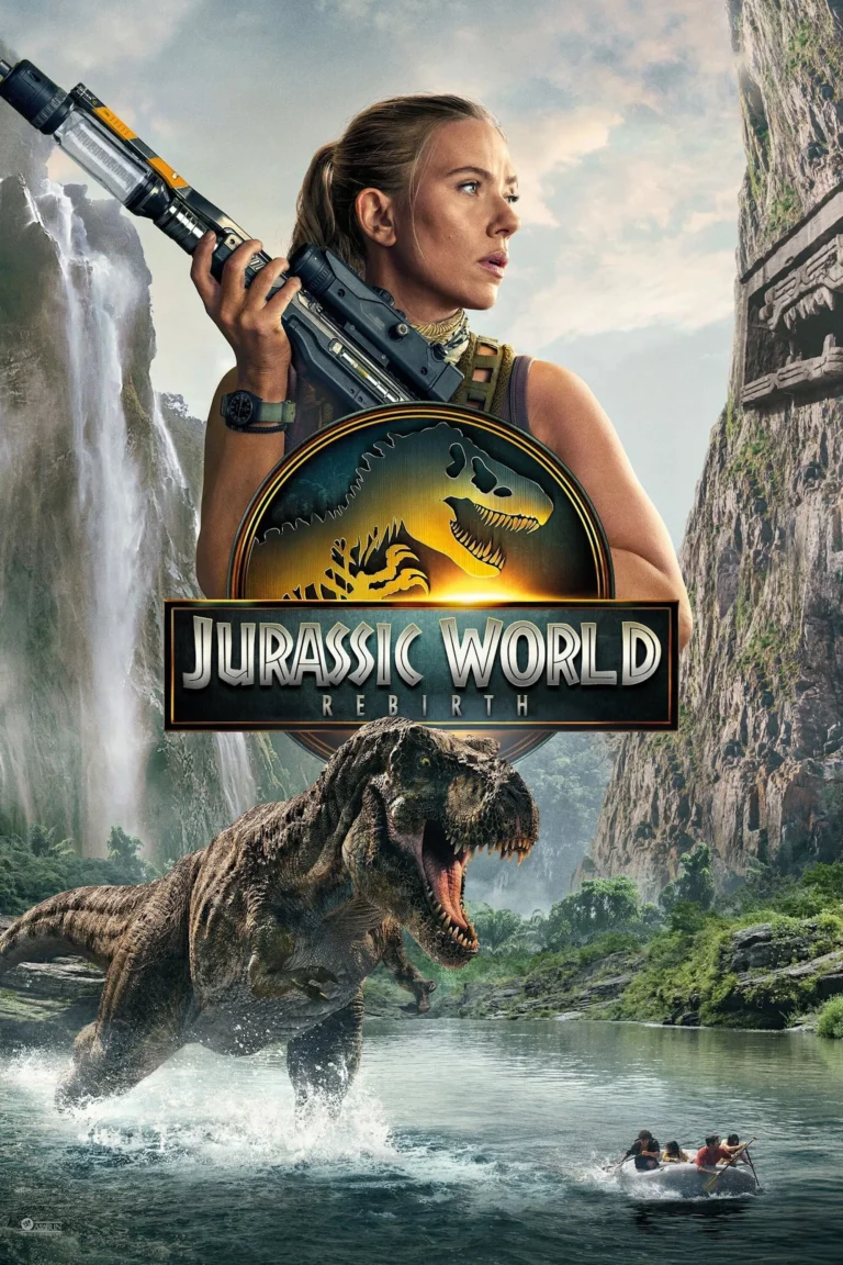 Jurassic World movie poster with a roaring T-Rex