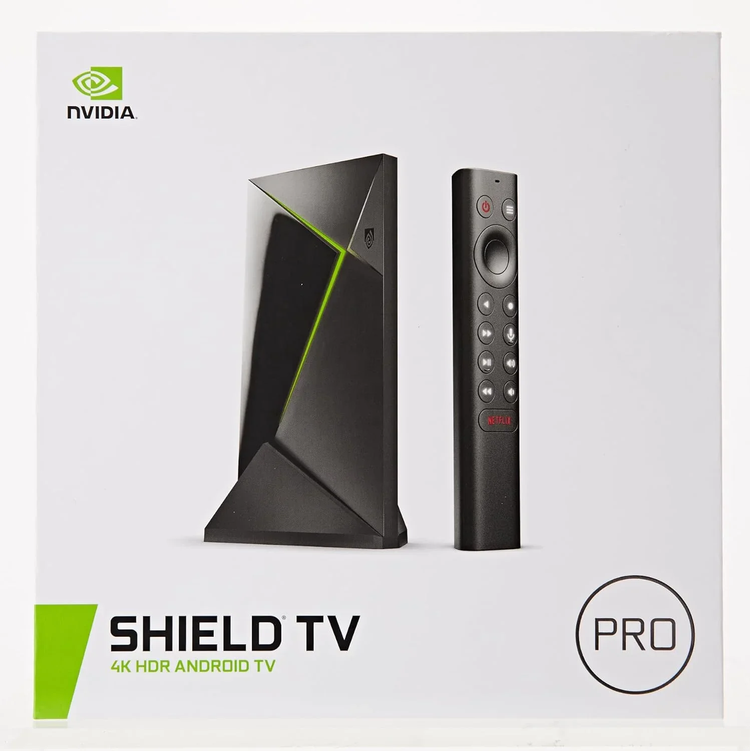 NVIDIA SHIELD TV Pro streaming device with angular black design and green accents, shown with vertical remote control.