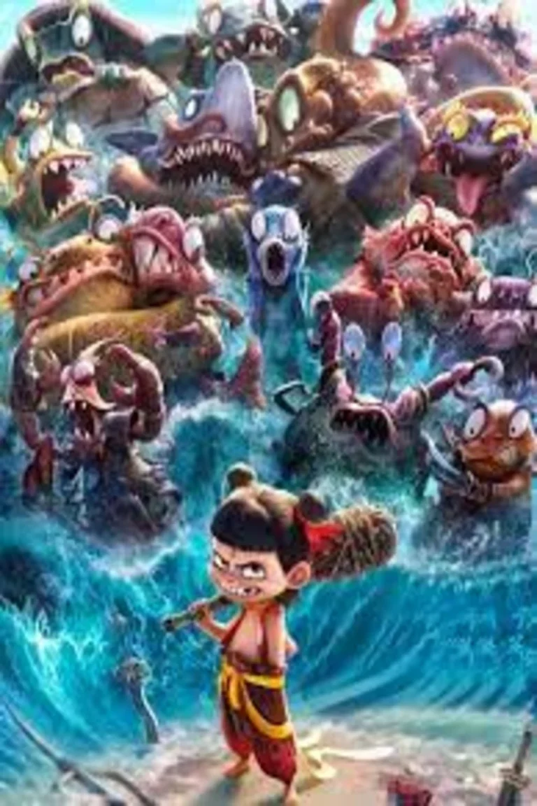 Colorful poster for Ne Zha 2 (2025) featuring dynamic Chinese mythological characters in action poses, swirling water effects, and vibrant fantasy elements.