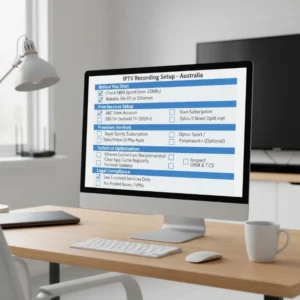 Checklist showing step-by-step IPTV recording setup in Australia, including internet speed testing, app installation, optimization, and legal compliance tips.