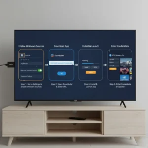 Step-by-step setup of IPTV Smarters Pro on Amazon Firestick showing enabling unknown sources, downloading IPTV APK, installing the app, and entering subscription details.