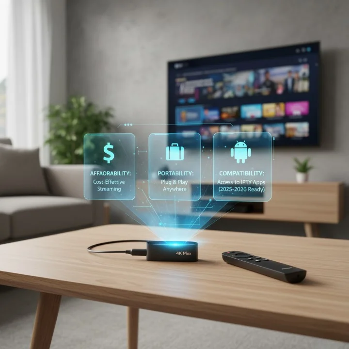 Amazon Firestick device and remote on a living room table, illustrating why Firestick is ideal for IPTV streaming in 2025-2026 due to its affordability, portability, and Android-based compatibility with IPTV apps.