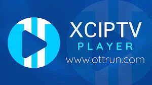 XCIPTV Player logo featuring a blue background, a stylized play button icon, and bold white and light blue text.