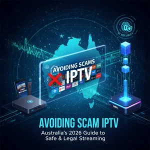 "Main featured image for the article 'Avoiding Scams IPTV: Australia's 2026 Guide to Safe & Legal Streaming.' The design shows modern IPTV devices, NBN network symbols, AI security icons, and digital streaming elements. The keyword 'Avoiding Scams IPTV' is displayed prominently to immediately convey the article's focus on safe and legal Australian streaming."