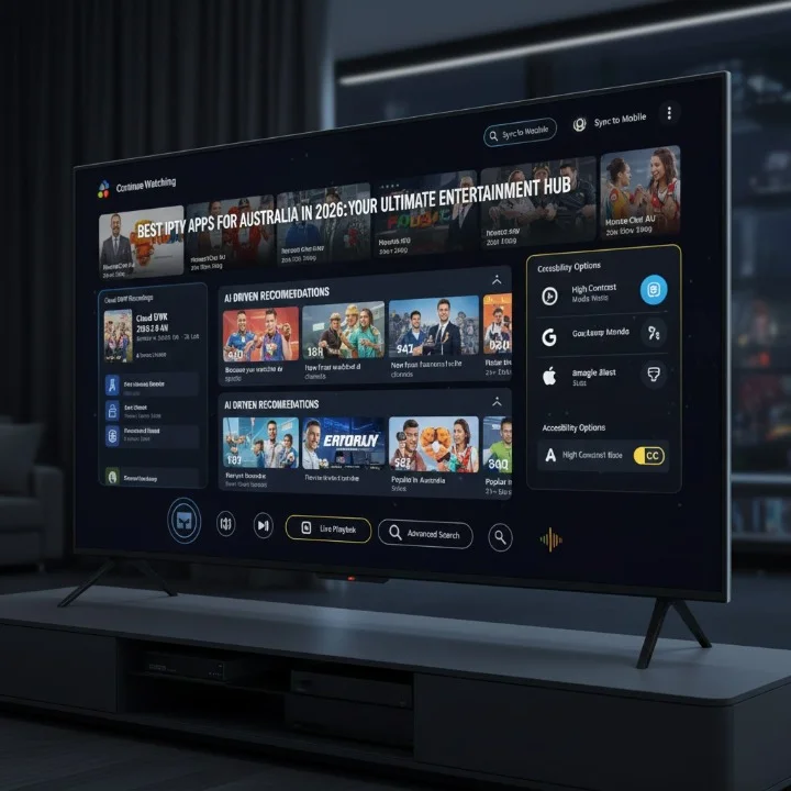Advanced IPTV interface showing cloud DVR recording, AI-powered recommendations, cross-device synchronization, and voice control features—representing a comparison of the Best IPTV Apps for Australia in 2026.