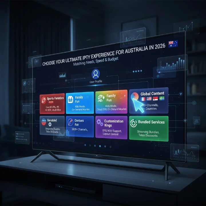 A modern smart TV interface showing multiple IPTV app options, symbolizing choosing the Best IPTV Apps for Australia in 2026 based on household needs, sports preferences, international content, and NBN performance.