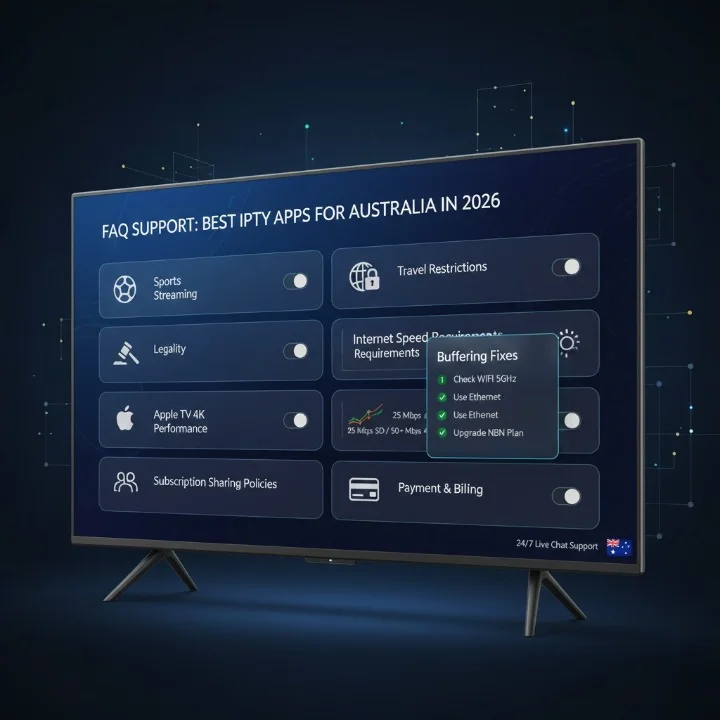Technical FAQ support dashboard illustrating questions and answers about the Best IPTV Apps for Australia in 2026, including legality, sports streaming, Apple TV performance, overseas access, internet requirements, buffering solutions, family sharing, and parental controls.