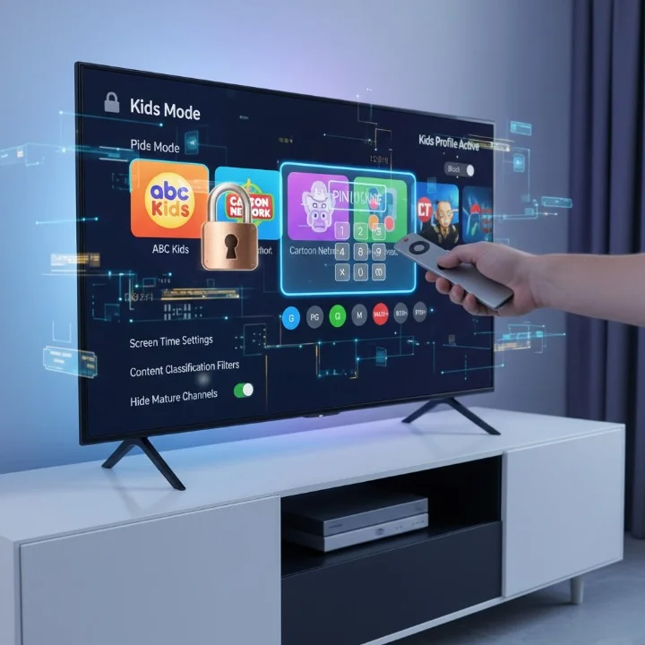 High-tech IPTV parental control interface showing Kids Mode, PIN lock, age filters, and channel blocking features on a smart TV — Best IPTV Apps for Australia in 2026.