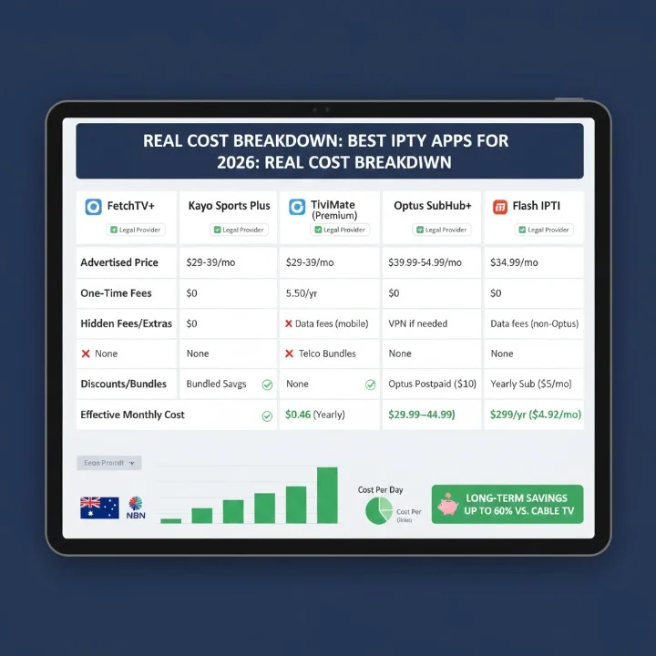 Technical cost comparison dashboard showing detailed real-world monthly expenses for the Best IPTV Apps for Australia in 2026, including FetchTV+, Kayo Sports Plus, TiViMate, Optus SubHub+, and Flash IPTV.