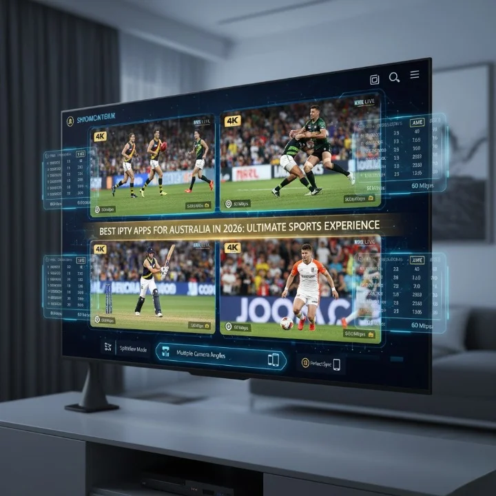 High-tech IPTV sports streaming interface showing AFL, NRL, cricket, and international soccer in a multi-view 4K dashboard, representing performance testing across the Best IPTV Apps for Australia in 2026.
