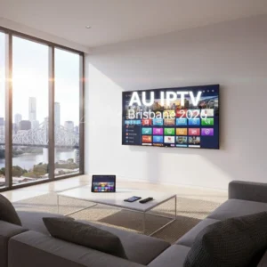 Modern Brisbane living room with 4K Smart TV streaming IPTV and the Story Bridge visible through the window.