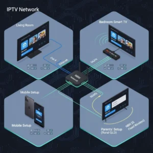 “Technical layout showing complete IPTV recording setup in Australia with Smart TV, Fire TV Stick, mobile devices, and NBN 100 Ethernet connection.”