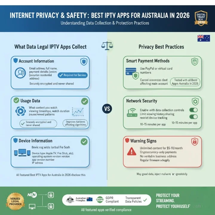 Privacy and security guide for Best IPTV Apps Australia 2026 showing data collection practices and protection methods