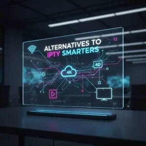 Futuristic digital interface illustrating IPTV streaming technology with bold text 'Alternatives to IPTV Smarters', surrounded by cloud, WiFi, and 4K/HD icons.