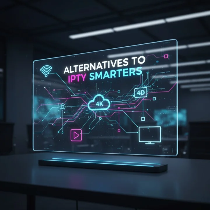 Futuristic digital interface illustrating IPTV streaming technology with bold text 'Alternatives to IPTV Smarters', surrounded by cloud, WiFi, and 4K/HD icons.