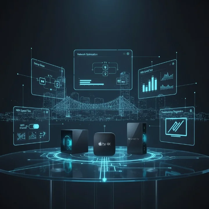 A high-tech digital illustration of IPTV devices and setup elements with holographic icons and a futuristic Brisbane city wireframe.