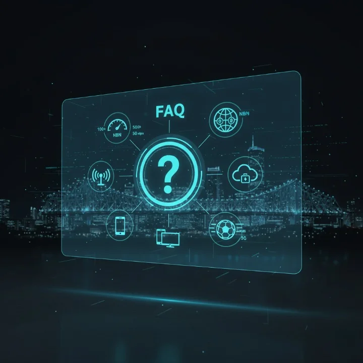 Futuristic holographic FAQ interface with IPTV technology icons and a subtle Brisbane skyline in the background.