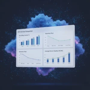 Data analytics dashboard showing IPTV recording performance by platform, retention period, and playback success rate.
