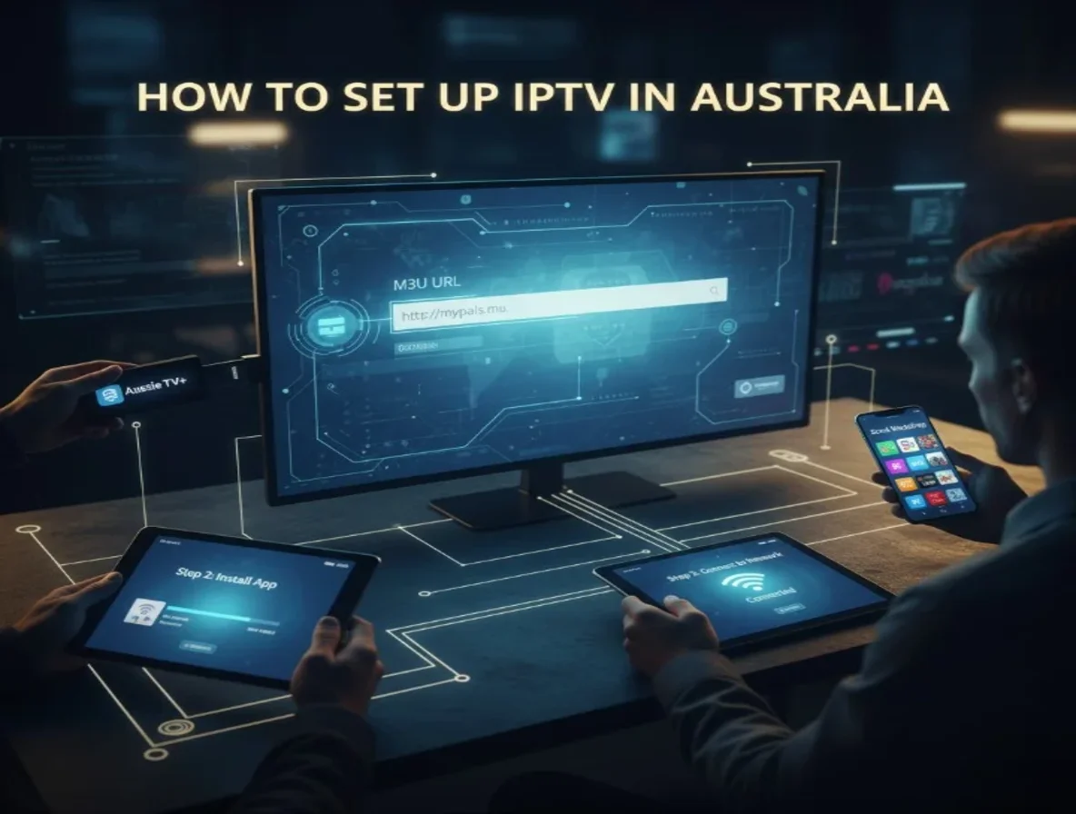 Cinematic view of IPTV setup on Smart TV, Fire Stick, tablet, and smartphone in Australia