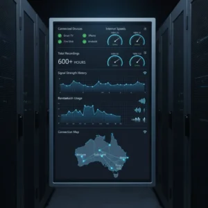 Technical IPTV testing dashboard showing connected devices, network speeds, and recording metrics in Australia.
