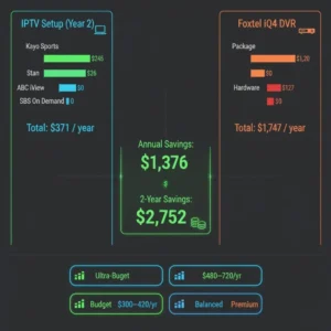 Technical infographic comparing annual IPTV recording and Foxtel DVR costs with total savings in Australia.”