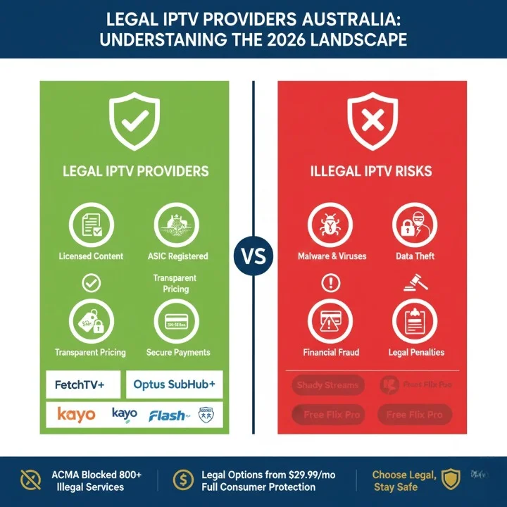 Infographic comparing legal IPTV providers Australia vs illegal services showing risks and benefits in 2026