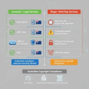 “Infographic showing legal vs illegal IPTV recording services in Australia with copyright compliance indicators.”