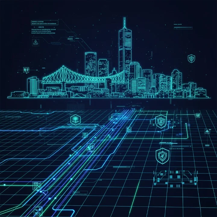 Futuristic technical visualization of legal IPTV infrastructure and data networks in Brisbane with neon wireframe city elements.