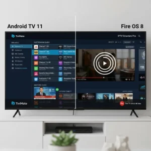 Comparison of IPTV app experience on MECOOL KM2 Plus and Fire TV Stick 4K Max using TiviMate and IPTV Smarters Pro.