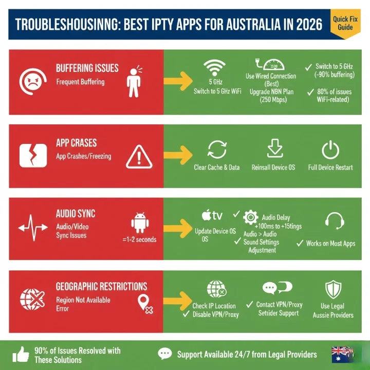 Troubleshooting guide for Best IPTV Apps Australia 2026 showing solutions for buffering, crashes, and sync issues